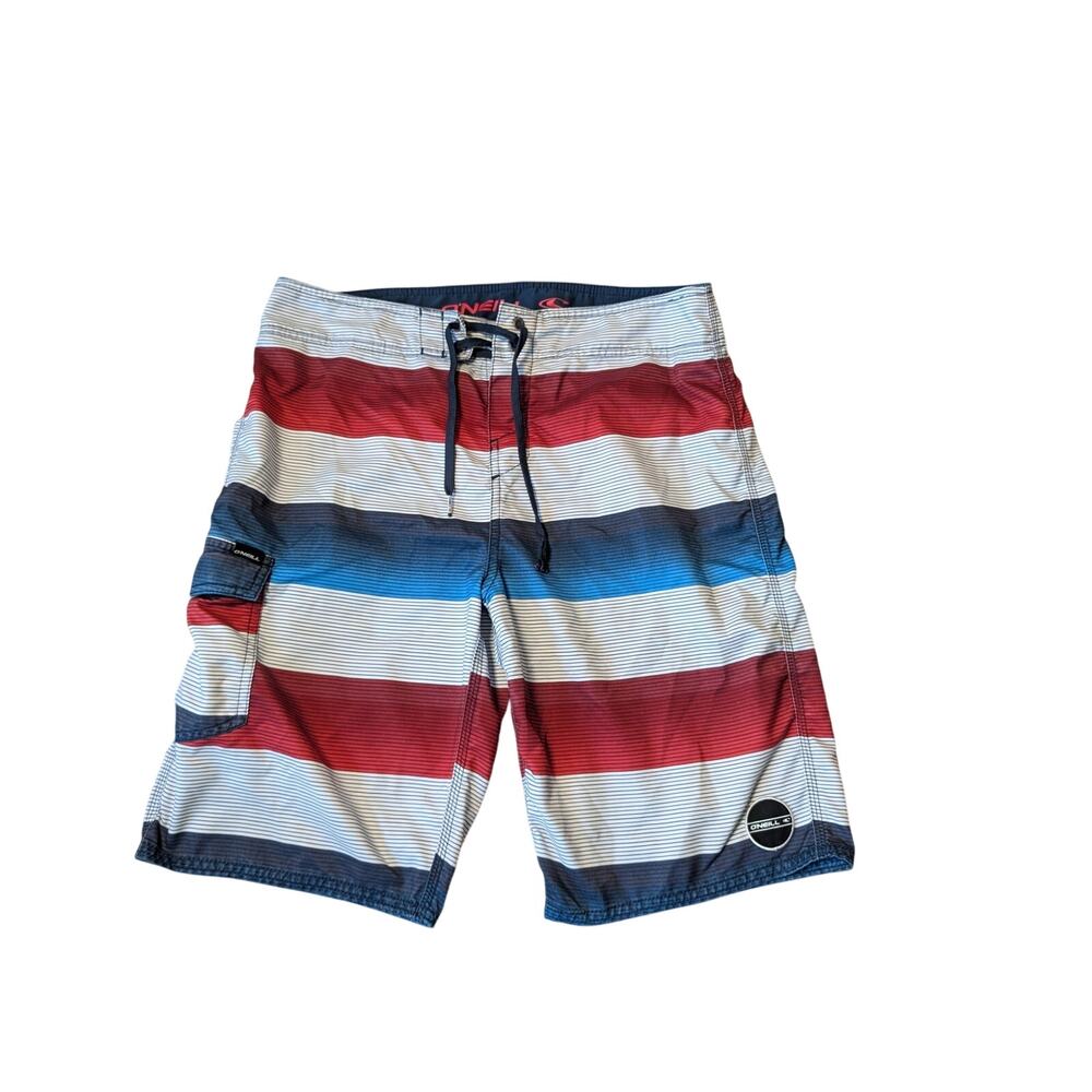O'NEILL Mens Santa Cruz red, white & blue striped board shorts; Swim trunks; 32